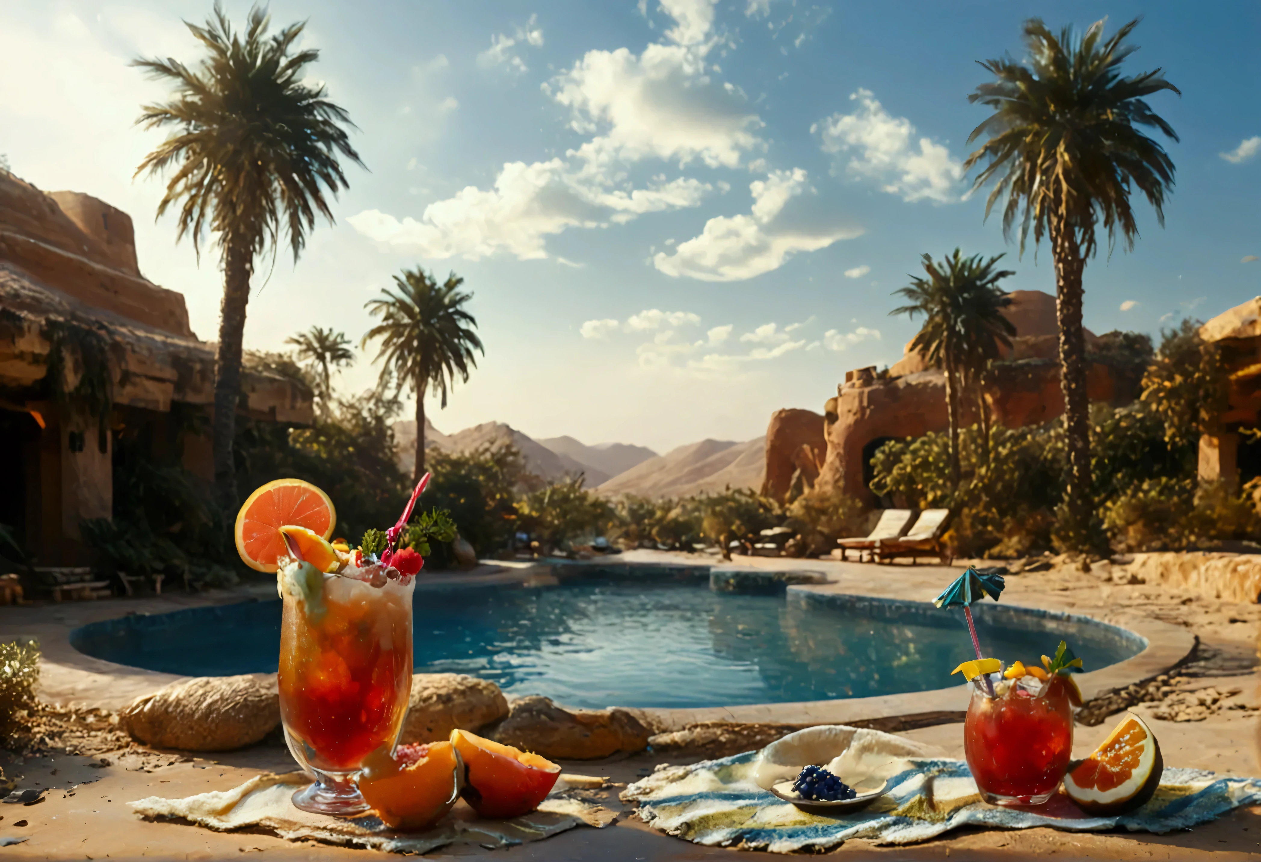 score_9, score_8_up, score_7_up, score_6_up, score_5_up, score_4_up, a picture of an oasis in the middle of the desert, some palm trees, a pool of tranquil water, there is a glass of cocktail near the oasis, vibrant, Ultra-high resolution, High Contrast, (masterpiece:1.5), highest quality, Best aesthetics), best details, best quality, highres, ultra wide angle, 16k, [ultra detailed], masterpiece, best quality, (extremely detailed) RAW,