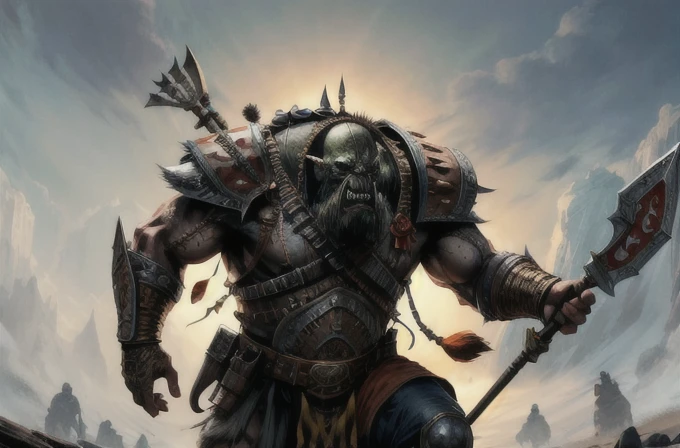 one ork, turk armor, dai li hat, polearm, muscular, full body focus, (masterpiece:1.2) (illustration:1.2) (best quality) (detailed) (intricate) (8k) (HDR) (wallpaper) (cinematic lighting) (sharp focus)(highly detailed face) 