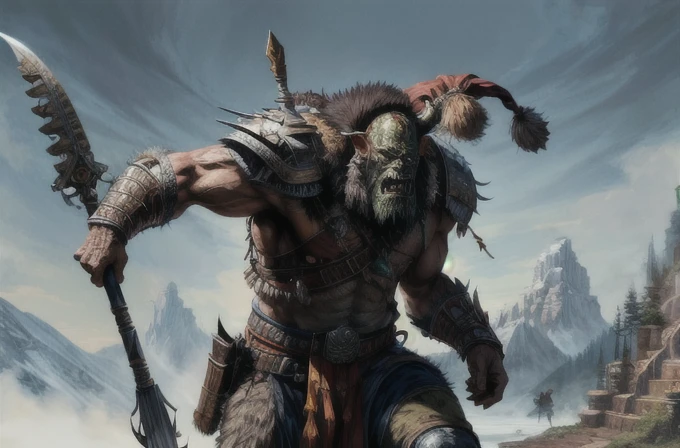 one ork, turk armor, dai li hat, polearm, muscular, full body focus, (masterpiece:1.2) (illustration:1.2) (best quality) (detailed) (intricate) (8k) (HDR) (wallpaper) (cinematic lighting) (sharp focus)(highly detailed face) 