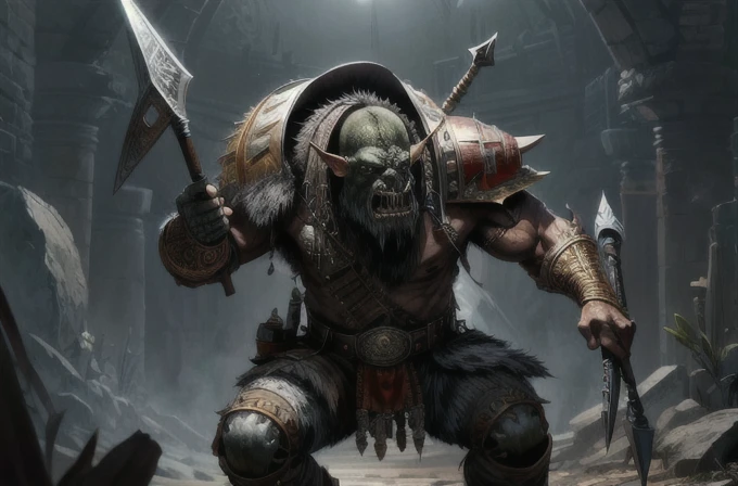 one ork, turk armor, dai li hat, polearm, muscular, full body focus, (masterpiece:1.2) (illustration:1.2) (best quality) (detailed) (intricate) (8k) (HDR) (wallpaper) (cinematic lighting) (sharp focus)(highly detailed face) 