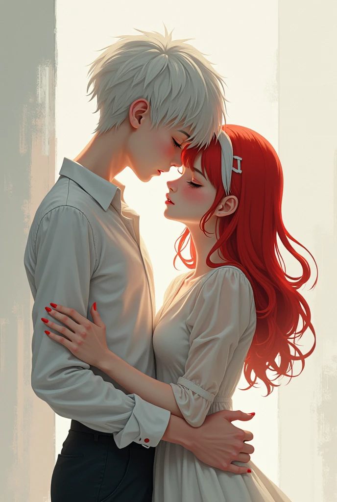 Amazing portrait of a sexy woman kissing and making out with a shirtless boy with her glossy red lips while wearing a sheer white shirt that reveals the red lacy lingerie that she's wearing underneath the shirt in a dimly lit room with one lamp giving off warm lighting
