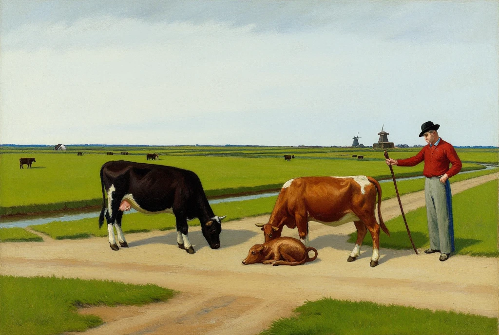 An Edward Hopper oil on canvas painting depicting a pastoral idyll. The painting is characterized by its rich color palette. The scene is set in a rural landscape, likely in the Netherlands, with a soft, overcast sky that transitions from light blue to a darker blue towards the horizon. The ground is a mix of green grass and patches of dirt, with a small stream running through the center.

In the foreground, two cows are grazing. The cow on the left has a dark brown coat with lighter patches, while the cow on the right has a reddish-brown coat. Both cows are standing, with the one on the left slightly leaning forward to graze. To the right of the cows, a man dressed in traditional Dutch attire stands. He is wearing a red shirt, blue trousers, and a black hat, holding a staff or walking stick. He is looking down at a young calf lying on the ground, which is resting with its head on the ground and its legs stretched out. 

In the background, there are more cows and a windmill, adding to the pastoral setting. The painting captures the tranquility and simplicity of rural life.