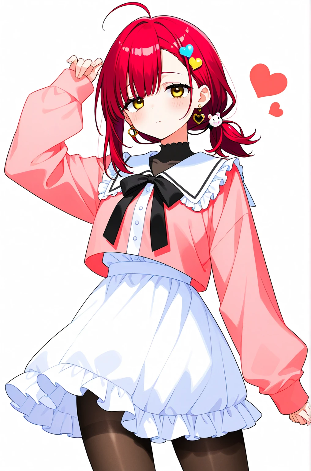  high quality
1 girl   ,    golden eyes ,     red hair 、   medium hair with high background、 low ponytail with tights 、    heart shaped earrings for women  ,  Ahoge,     asymmetrical bangs  ,   ♡shaped hair ornament  ,  [[Sleepy eyes、   black tights、whole body、vigil、  has a white background 、Skin only、cute hair  、  private clothes、 standing 