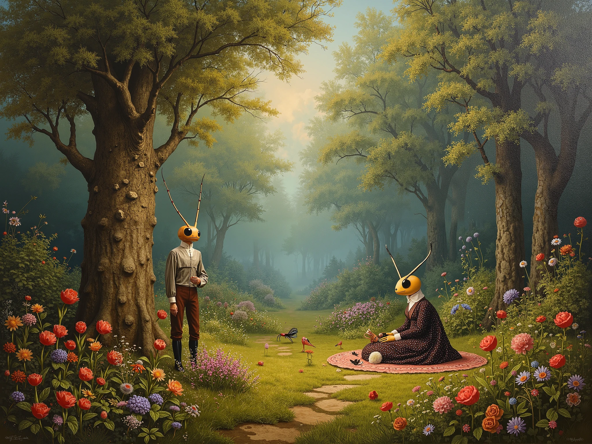 An oil painting on canvas in the style of the artist Anton Semenov combined with the style of the artist Nicoletta Ceccoli, a pastoral idyll, a beautiful cozy fairy-tale garden with strange and ridiculous trees and flowers, a pastoral idyll reigns in this strange beautiful cozy garden, in the garden under the shadow of strange trees surrounded by strange flowers rest strange anthropomorphic humanoid insects in costumes 19 centuries, a strange pastoral picnic, pastoral anthropomorphic insects, pastoral surrealism, complete in full accordance with the style of Anton Semenov combined with the style of Nicoletta Ceccoli, clearly, in detail, 8k