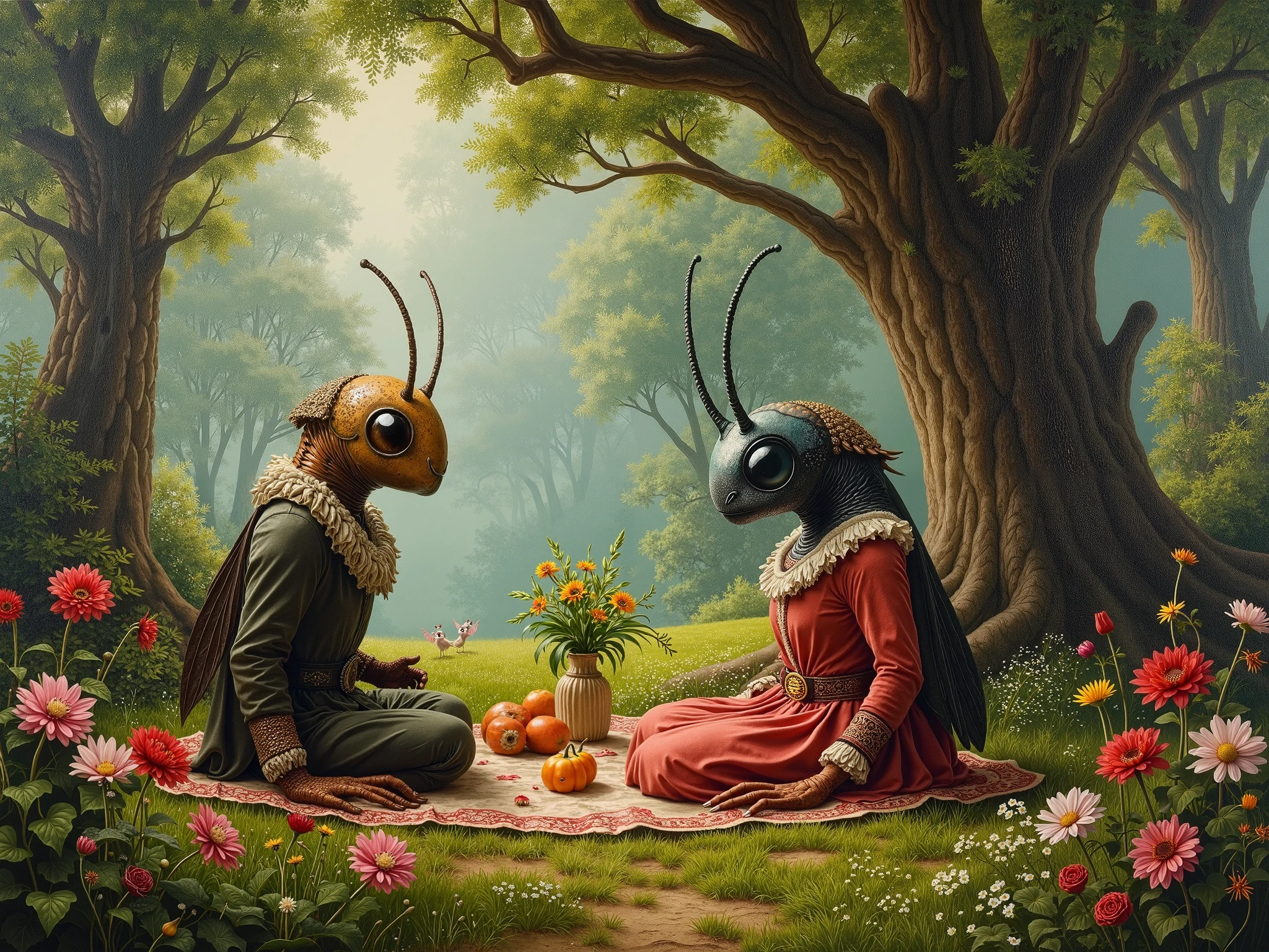 An oil painting on canvas in the style of the artist Anton Semenov combined with the style of the artist Nicoletta Ceccoli, a pastoral idyll, a beautiful cozy fairy-tale garden with strange and ridiculous trees and flowers, a pastoral idyll reigns in this strange beautiful cozy garden, in the garden under the shadow of strange trees surrounded by strange flowers rest strange anthropomorphic humanoid insects in costumes 19 centuries, a strange pastoral picnic, pastoral anthropomorphic insects, pastoral surrealism, complete in full accordance with the style of Anton Semenov combined with the style of Nicoletta Ceccoli, clearly, in detail, 8k