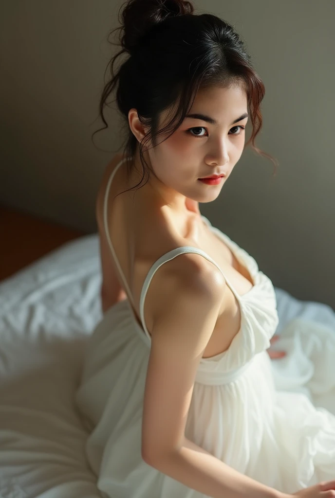 ((highest quality、8K、muste piece: 1.3、Raw photo))、sharp focus: 1.2、(AESPA Girl 1 : 1.1)、solo、(real、photorealistic: 1.37)、(face focus: 1.1)、cute face、detailed face、short messy hair、(up style: 1.2)、small breasts、flat chest、nude、(neat silk dress)、hotel bedroom、(lie in bed、lie on your back: 1.3)、cinematic lighting、(thighs) :1.1)、