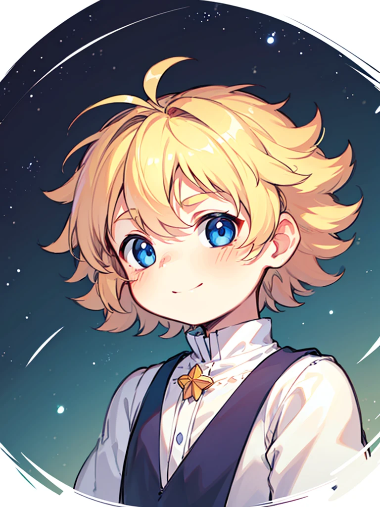 (  high quality , Breathtaking),(  Expressive eyes  ,  perfect face)  1 boy  , male, Unique , Toddler age  , juvenile，  blond hair  , Sky blue eyes ， Layered hair ， blue eyes ,  furry pointy hair  , curls, Short hair, Lovely smile,  cute faces,  naive face   ,  symmetrical eyes  , portrait, Positive expression  ,  starry sky orbit background ，  watches viewers  ，masterpiece，prince，帅气 prince衣服，A little bit of blush on the face，The dress has a star pendant， messy hair