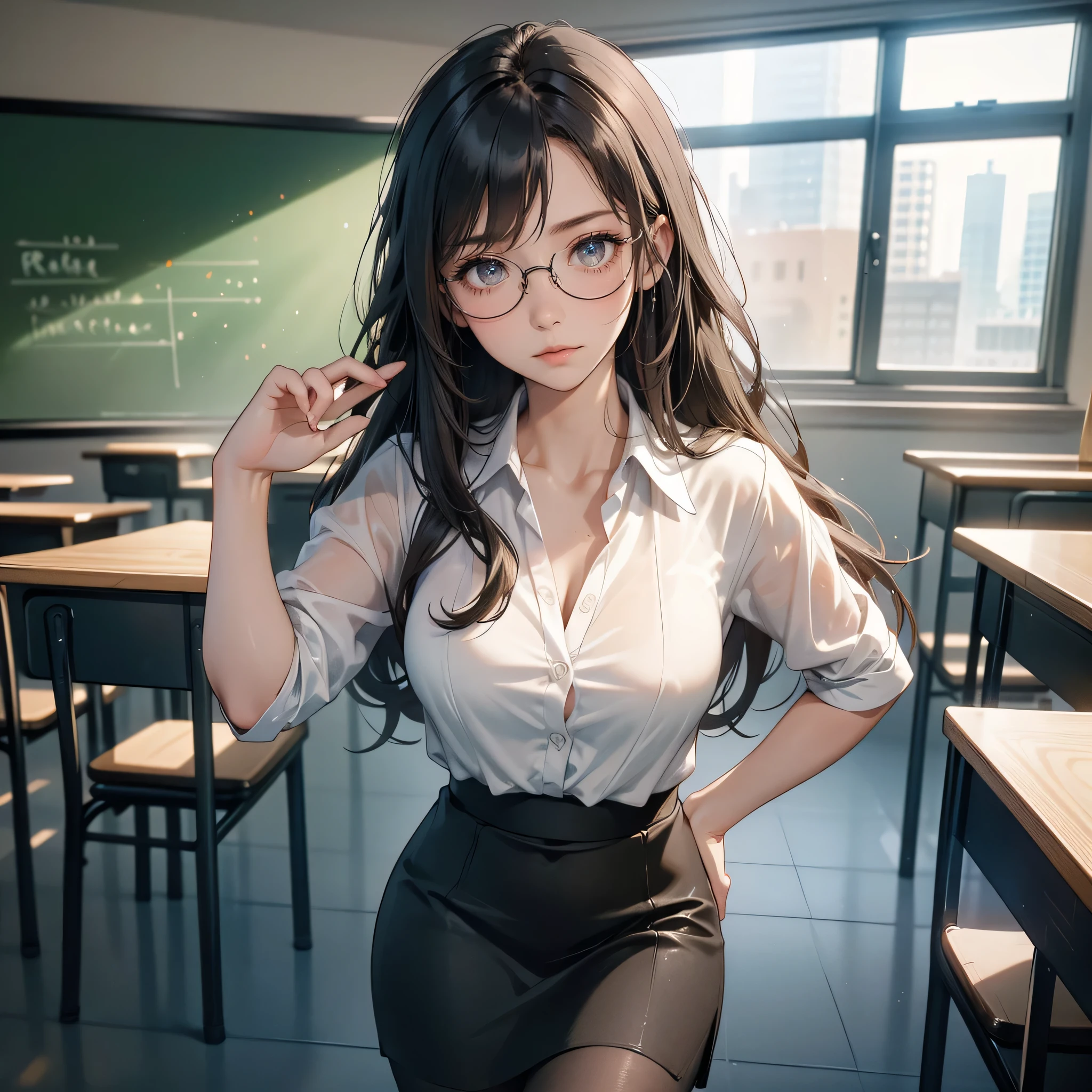 Superior Quality, Masterpiece, Ultra High Resolution, (Photorealistic: 1.4), girl, teacher, white blouse, black skirt, classroom, sitting at desk, crossed legs, pantyhose, black hair, black eye, glasses, tied hair