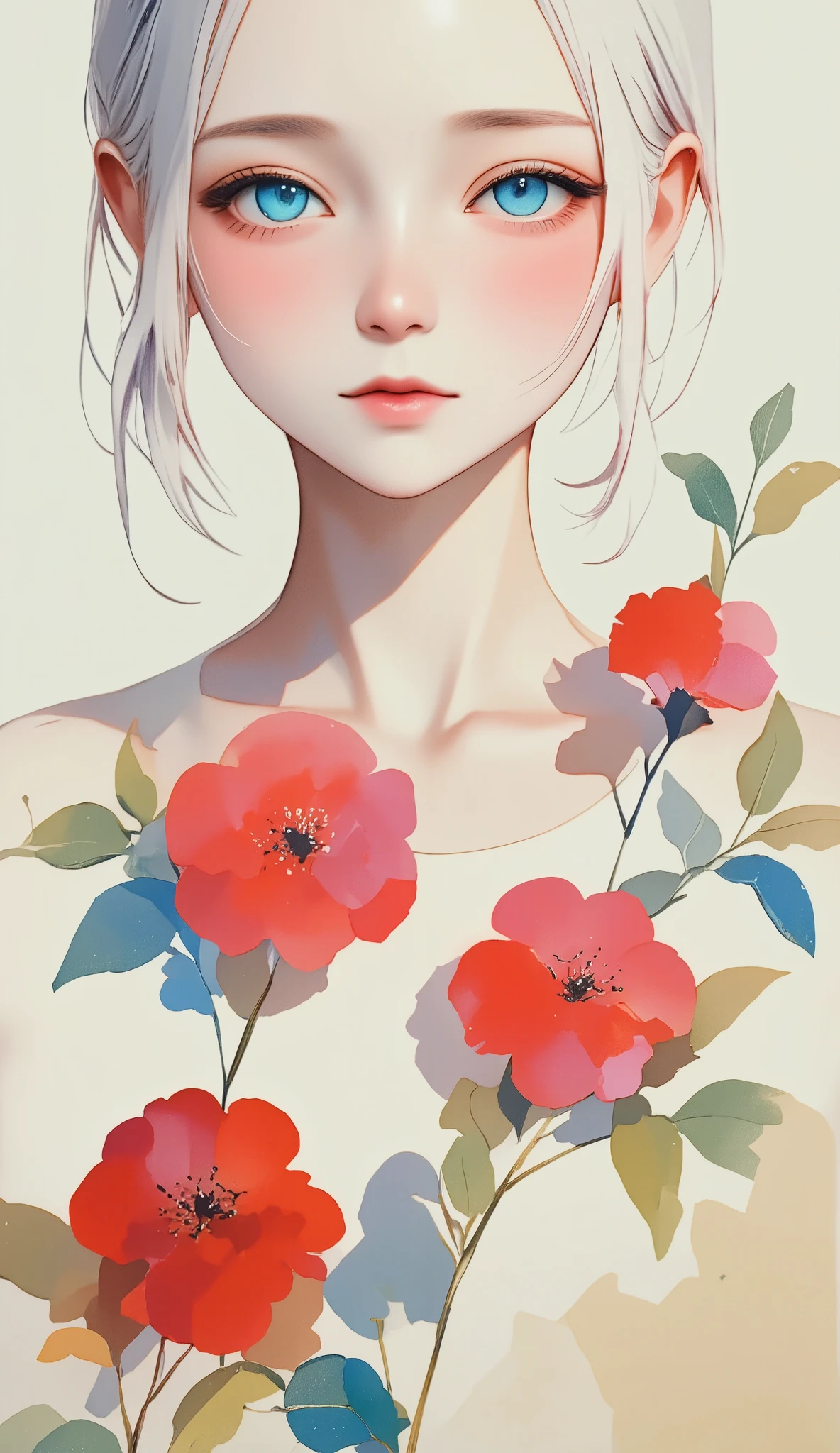  Beautiful Women、flower arrangement、Wabi-sabi art、 super detailed_face_eye、非常に詳細なface、  B in a capella 、white、gray、red、Parchment、抽象的flower arrangement、Three big flowers、 Dreamy Art 、silence、  wallpaper、 best quality、masterpiece、 there is nothing、８ｋ