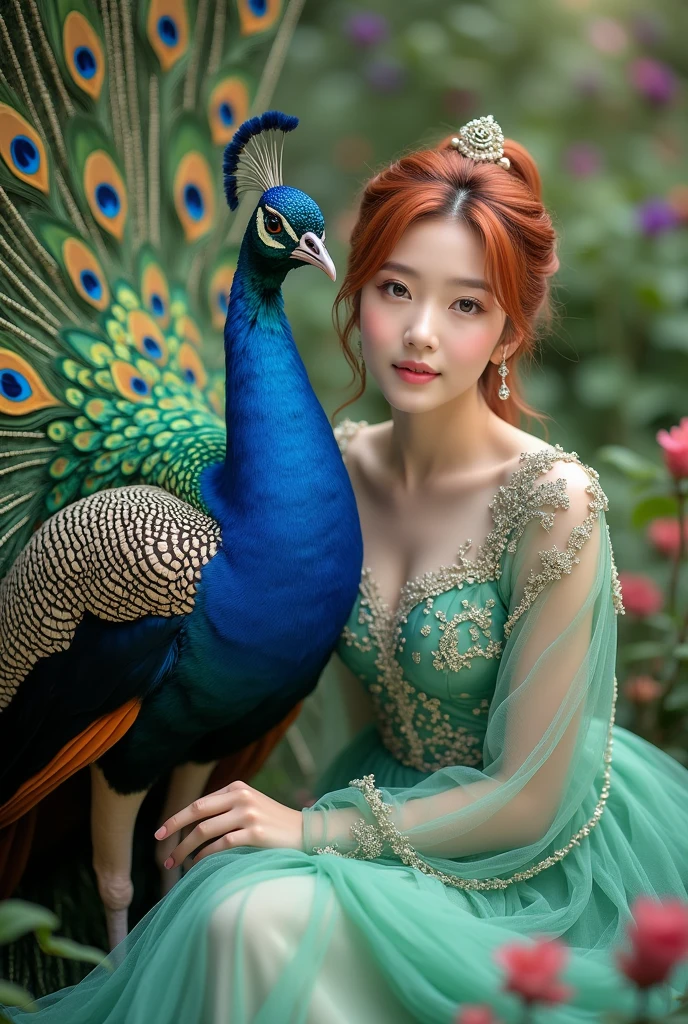 (masterpiece, best quality:1.2),1girl, bare shoulders, black hair, blurry background, bracelet, breasts, brown eyes, collarbone, depth of field, earrings, strapless dress,peacock,Metal Bracelet ,Peacock standing on its arm,Chinese Dai ethnic clothing, eyelashes, hair ornament, jewelry, lens flare, lips, looking at viewer, midriff, realistic, solo, upper body
