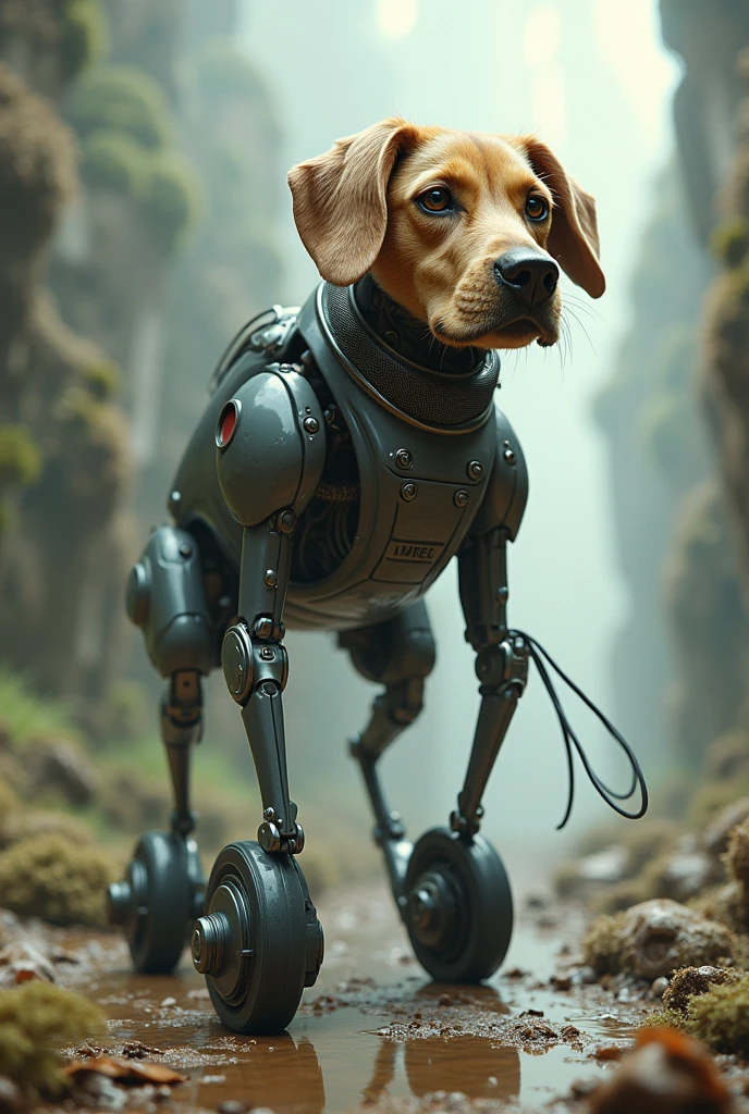 A dog with peach coloured skin and fur but the fur has worn due to disease and the bones can be seen as he is hungry from many months and a blue layer has formed on his eyes of age 15y
ears with no fur and side profile bones are more visible wearing robot suit