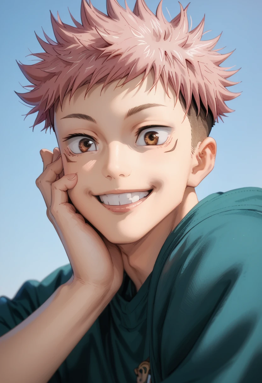 1boy, smiling, yuuji_itadori, pink hair, brown eyes, short hair, undercut, spiked hair, teenager, animetoreal
