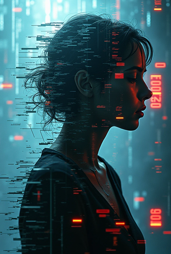 (front focus),(in the dark:1.6),, (masterpiece, top quality, best, official art, beautiful and aesthetic:1.2),(masterpiece, top quality, best quality, official art, beautiful and aesthetic:1.2),(masterpiece, top quality, best quality, official art, beautiful and aesthetic:1.2), 1girl, glitch art, (digital distortion), pixelated fragments, data corruption,colorful noise, visual chaos,contemporary aesthetics
