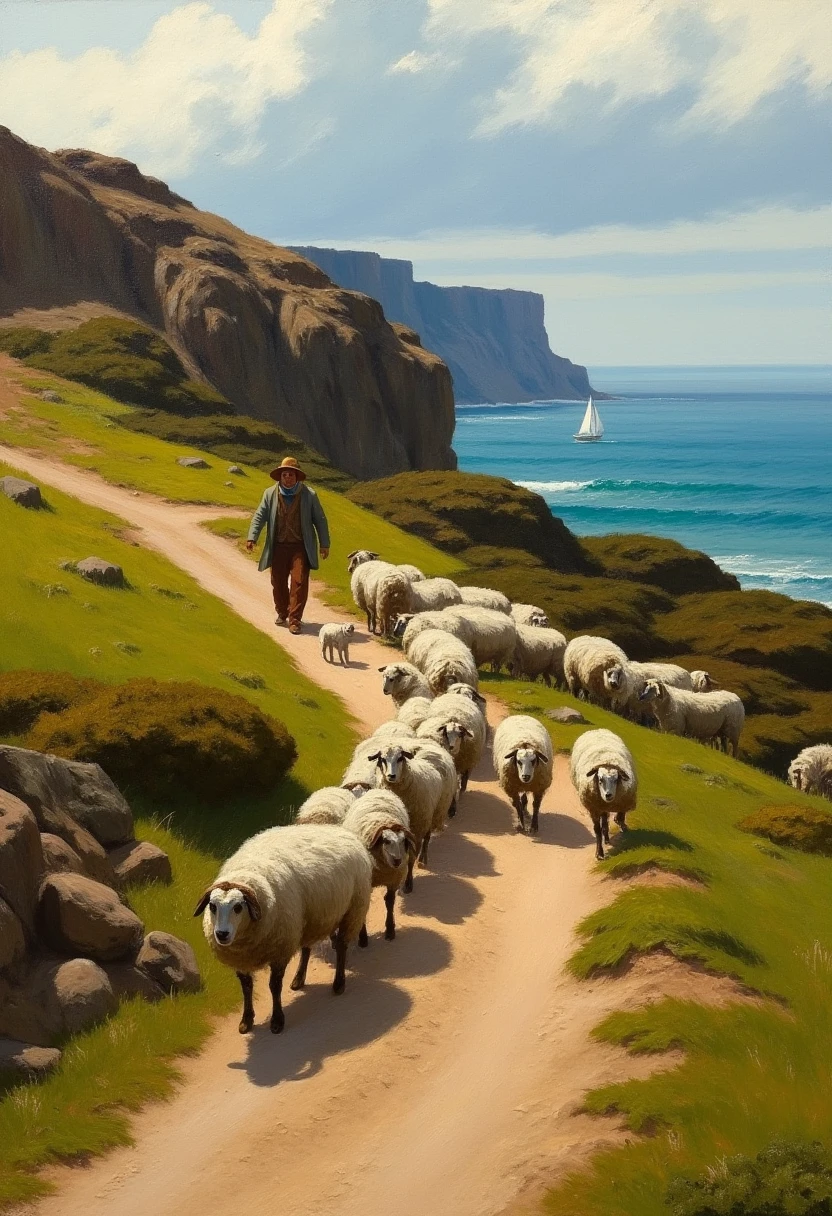 An Edward Hopper style oil on canvas painting in the style of a 19th-century pastoral idyll. It depicts a group of sheep and a shepherd on a winding dirt path leading up a grassy hillside. The shepherd, dressed in traditional clothing with a wide-brimmed hat, a long coat, and trousers, is walking ahead of the flock. The sheep, mostly woolly with some having horns, are of various sizes and ages, including lambs. The path is flanked by patches of green grass and low shrubs, with rocks scattered along the way. The background features a rocky hillside with sparse vegetation, leading to a distant cliff with a small white sailboat visible on the horizon, suggesting a coastal setting. The sky is a mix of soft, light blue with fluffy white clouds, casting a serene atmosphere over the scene. The textures of the sheep's wool, the roughness of the rocks, and the softness of the grass are meticulously rendered, capturing the natural beauty and tranquility of the countryside. The overall color palette is earthy, with warm browns, greens, and hints of blue from the sky and sea, evoking a sense of calm and pastoral life.