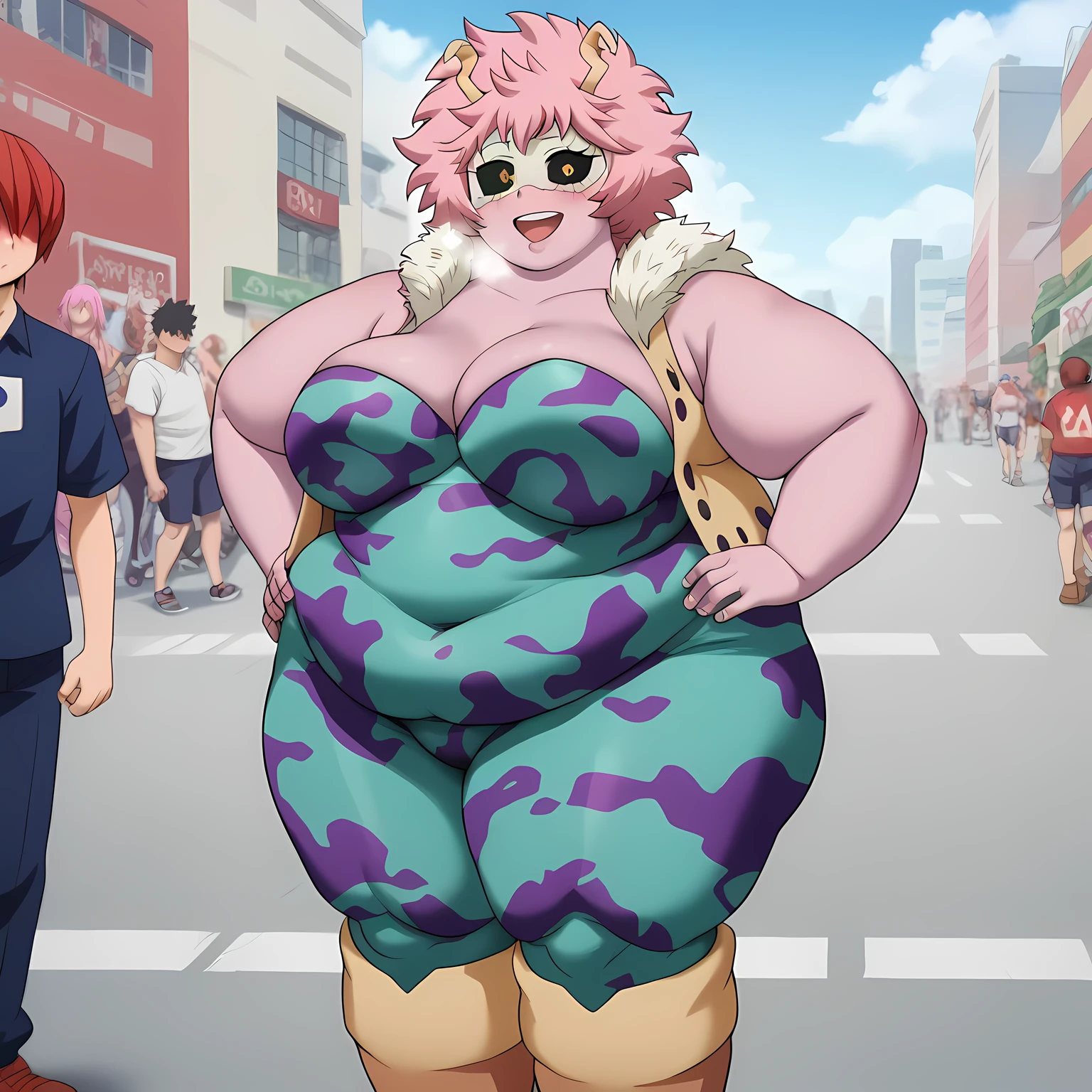 masterpiece,  best quality, High image quality, high res, Mina Ashido,  My Hero Academia ,  1 girl, smile, alone, day,  Real Shadow, A little blush,  medium breasts, Pink Hair,  pink skin , (Black sclera:1), (Iiris  :1),  clavicle ,  hero costume, (  PLAIN WHITE MASK  , Covered my eyes), ( Skin Perfect Bodysuit  ,  camouflage purple and turquoise ),  Strapless ,  sleeveless, (  sleeveless waistcoat, sunburn, Collared Fur ), Expose your arms,  bare shoulders ,  brown boots , whole body, Outdoor, Streetscape, Crowded,  COWBOY SHOOTING 、zzz cup, ,large breasts,Big Breasts, Indecent body,Fat  mature woman ,, erotic manga style body、  mature woman fat, chubby, obese, gigantic arms and legs, large breasts open mouth, out of breath
