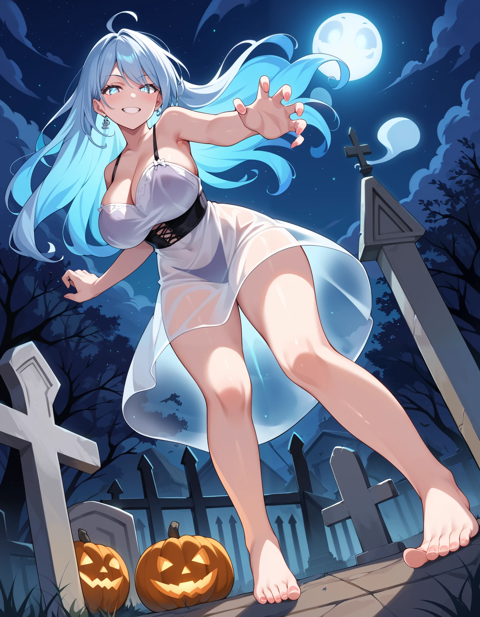 score_9, score_8_up, score_7_up, source_anime, BREAK, tombstone, grave, night, halloween, background, speed_lines,  1girl, ghost girl, mid air, floating, floating hair, legs up, spirit, ghost, translucent, translucent skin, transparent skin,  milf, (perspective, below:1.2), large breast, ethereal, looking at viewer, blue glowing body, white eyes, evil smirk, claw pose, leaning forward, (reaching:1.2), large hips, falling, full body, spectral, fog