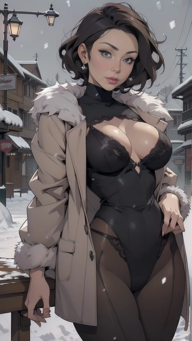 winter in japan, woman１people々々々, ((very short hair:1.3)), She has beautiful sparkling purple eye color, ((curvy body, D cup breasts, big ass)), ((brown skin:1.8)), masterpiece, highest quality,(realistic: 1.4),ultra high resolution, unity 8k, (thin and beautiful eyes:1.6),symmetry, highly detailed face, perfect lighting, (perfect hands, perfect anatomy), ((night park:1.4)), ((gown coat:1.3))