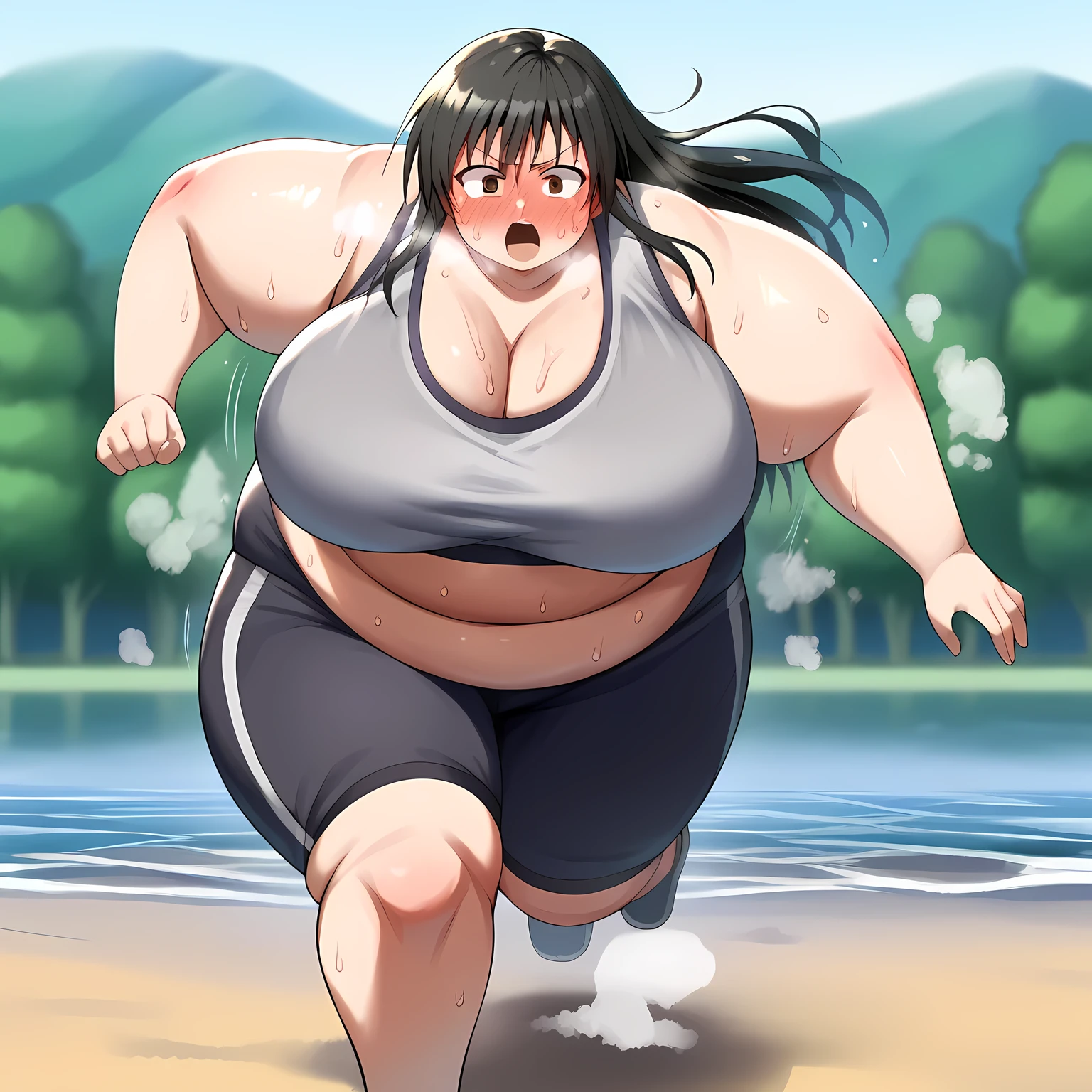 yui kotegawa, black hair, brown eyes, long hair, huge breasts, sports bra, gray bra, sports short pants, dark blue short pants, side, blush, steam, sweat, open mouth, running, running pose, bouncing breasts, from front, outdoor, river side, masterpiece, best quality, ultra-detailed, high resoolution, 8K, detailed background, dynamic moving, detailed face, anime, fat, chubby, obese, gigantic arms and legs, large breasts open mouth, out of breath
