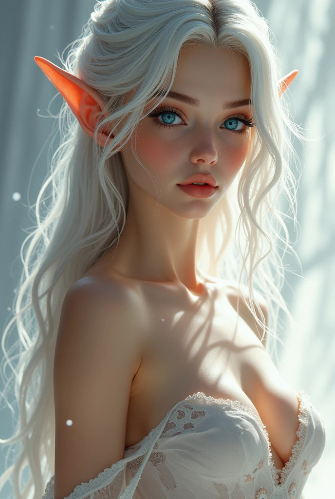 Elf female, white hair, cat eyes, big breasts, slim waist, full body, from head to toe, highly detailed, very realistic,