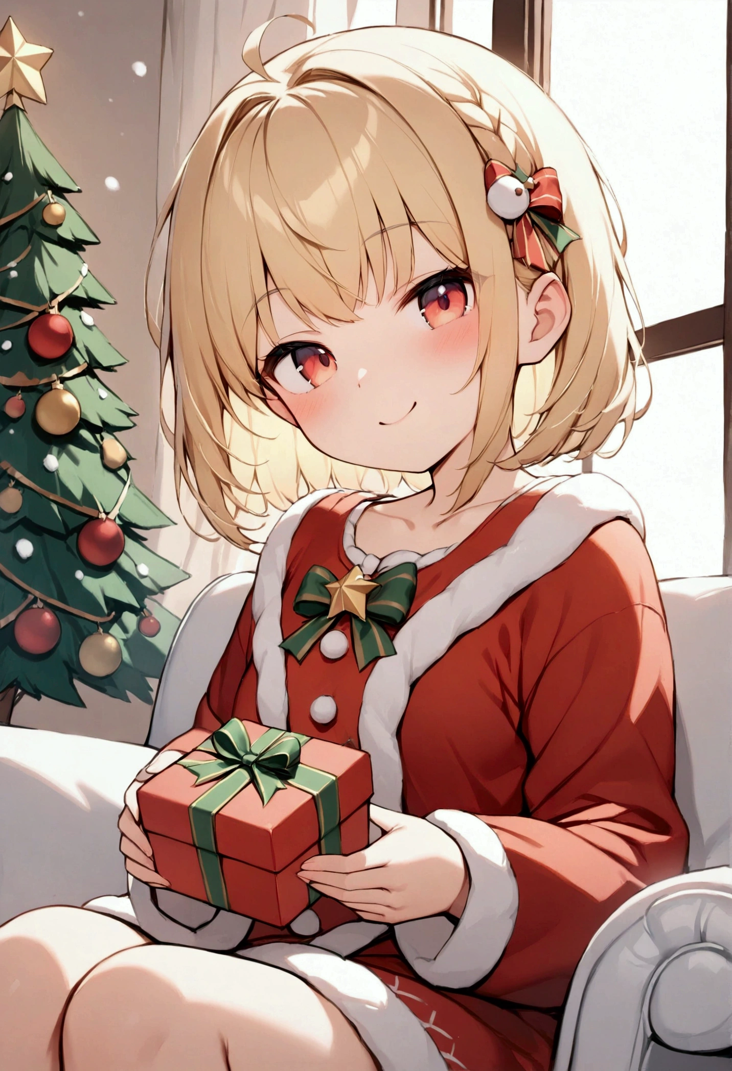 Masterpiece quality,  Very detailed,  red cheeks , Happy expression, smile, Laughter, Happy eyes, Beautiful Skin, Glowing Lights .  warm Christmas sleepwear ,  Exquisite Details .  finely crafted. Beautiful Skin, 指の描写に注意⚠️, **** young woman,  1 girl,  Muscovite . white,Blonde hair.  warm Christmas outfit .  sitting in an armchair , ( open Christmas gifts), (gift) Fireplace in the background. snow outside the window,  decorated Christmas tree . opening a gift, open gifts.