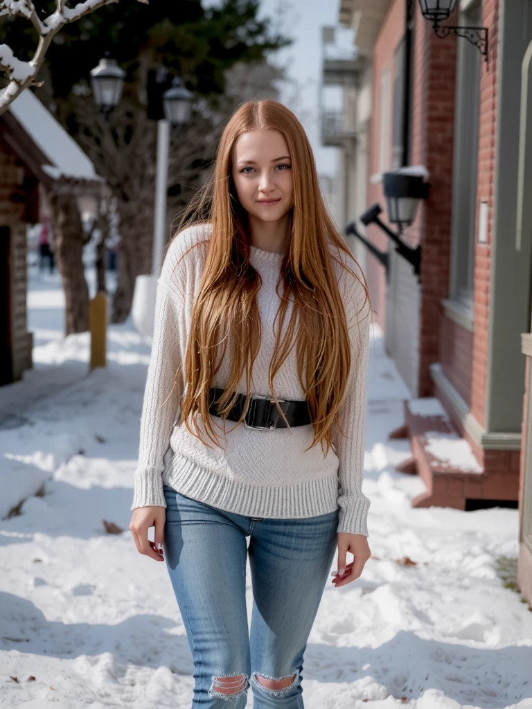  young beautiful woman , european type ,  fiery red long straight hair ,   bright bright green eyes ,   natural makeup ,  full fiery red lips ,  real skin texture ,  detailed skin ,  real skin texture , long eyelashes ,  seductive smile ,  stunning view , the whole figure ,  real sunlight, small solid breasts ,  big tight round ass ,  dressed in a light gray long knit sweater ,  on the pullover she is wearing an unbuttoned short black winter denim jacket,  long blue denim pants ,  walking on a snowy path from a wooden log ,  snowy forest ,  smoke from the chimney , steam from the mouth ,   bright sunny day ,  real picture  ,  realistic natural light, real lips , real eyes ,  real anatomy ,  realistic picture ,  movie lighting ,  sexi pose ,  erotic motif ,  detail face ,  many details ,  bright bright pastel colors,  real breasts , detailed breasts ,  realistic breasts ,  masterpiece 