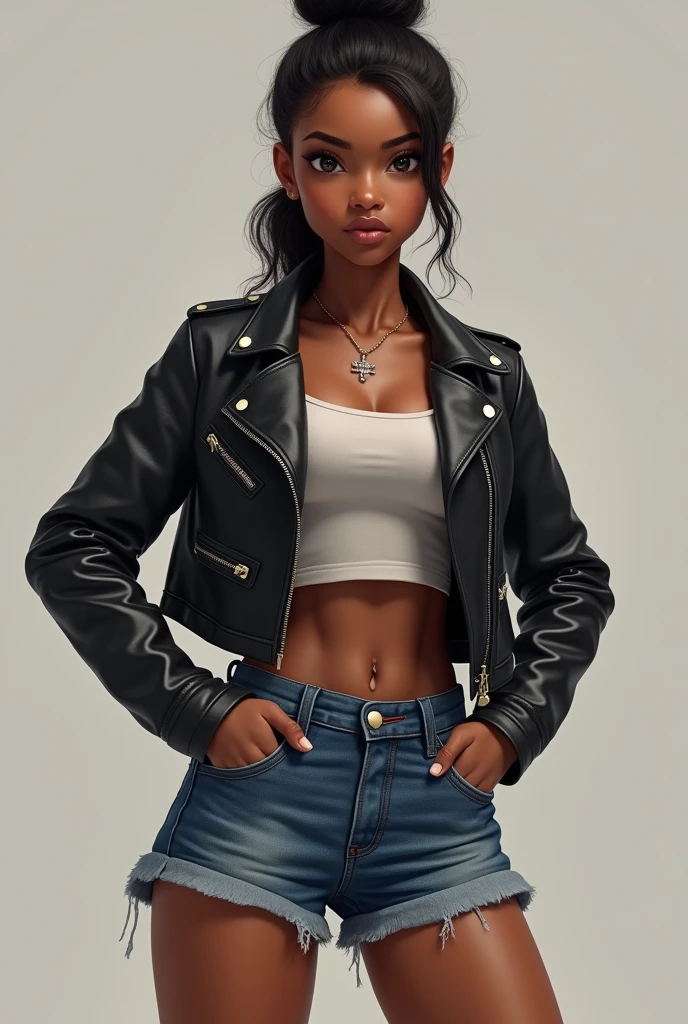 Masterpiece, highest quality, details, black woman, African female, hunter, brown skin, warrior, modern, full body, sensual eyes, gun in hand, city building, realistic, game avatar, sexy pose, brown leather clothes, silver bullet necklace, crucifix earrings, long braided hair, grandes, vampire hunter