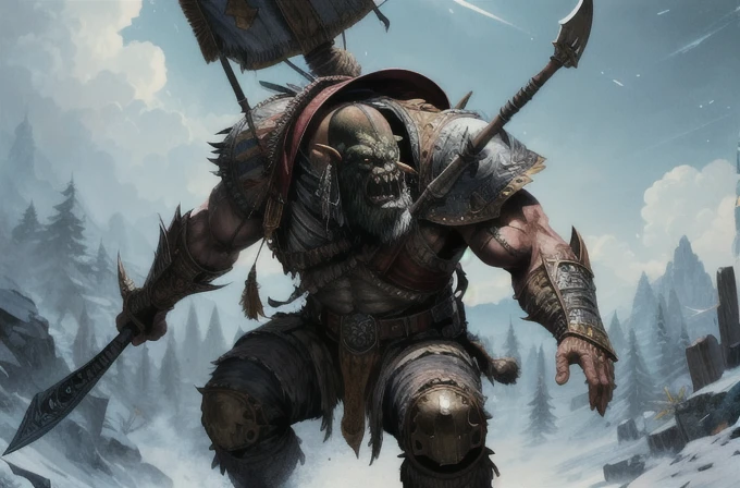 one ork, turk armor, dai li hat, polearm, muscular, full body focus, (masterpiece:1.2) (illustration:1.2) (best quality) (detailed) (intricate) (8k) (HDR) (wallpaper) (cinematic lighting) (sharp focus)(highly detailed face) 