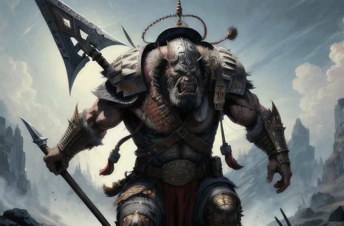 one ork, turk armor, dai li hat, polearm, muscular, full body focus, (masterpiece:1.2) (illustration:1.2) (best quality) (detailed) (intricate) (8k) (HDR) (wallpaper) (cinematic lighting) (sharp focus)(highly detailed face) 