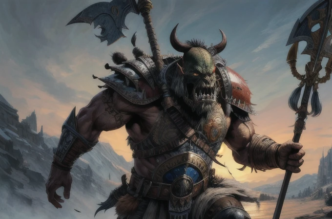 one ork, turk armor, dai li hat, polearm, muscular, full body focus, (masterpiece:1.2) (illustration:1.2) (best quality) (detailed) (intricate) (8k) (HDR) (wallpaper) (cinematic lighting) (sharp focus)(highly detailed face) 