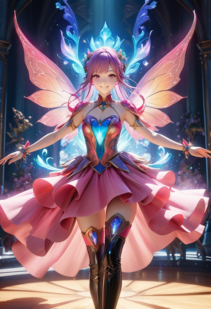 a beautiful virtual idol, 3d graphics, surreal, masterpiece, charming smile, thigh-high socks, thigh-high boots, dynamic pose, cinematic lighting, highly detailed, photorealistic, concept art, vibrant colors, digital life form, ethereal, magical, fantasy, elegant, graceful, in digital world,cowboy shot,face focus,depth of field