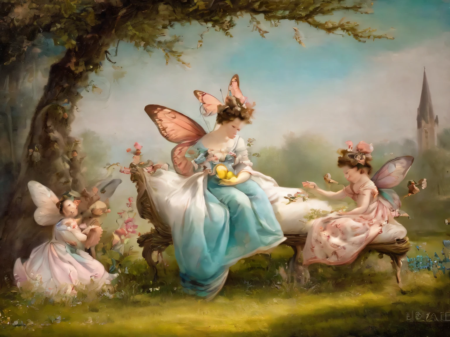 An oil painting on canvas in the style of the artist Francois Boucher combined with the style of the artist Nicoletta Ceccoli, a pastoral idyll, a beautiful cozy fairy-tale garden with large spreading willows and large flowers, in this beautiful cozy garden a pastoral idyll reigns, in the garden under a spreading willow surrounded by large flowers on a park bench sit 2 strange anthropomorphic humanoid butterflies in the costumes of the 19th century, the pastoral rest of humanoid butterflies in the shade of a spreading willow, pastoral anthropomorphic butterflies, pastoral surrealism, in full accordance with the style of Francois Boucher combined with the style of Nicoletta Ceccoli, clearly, in detail, 8k, naiv