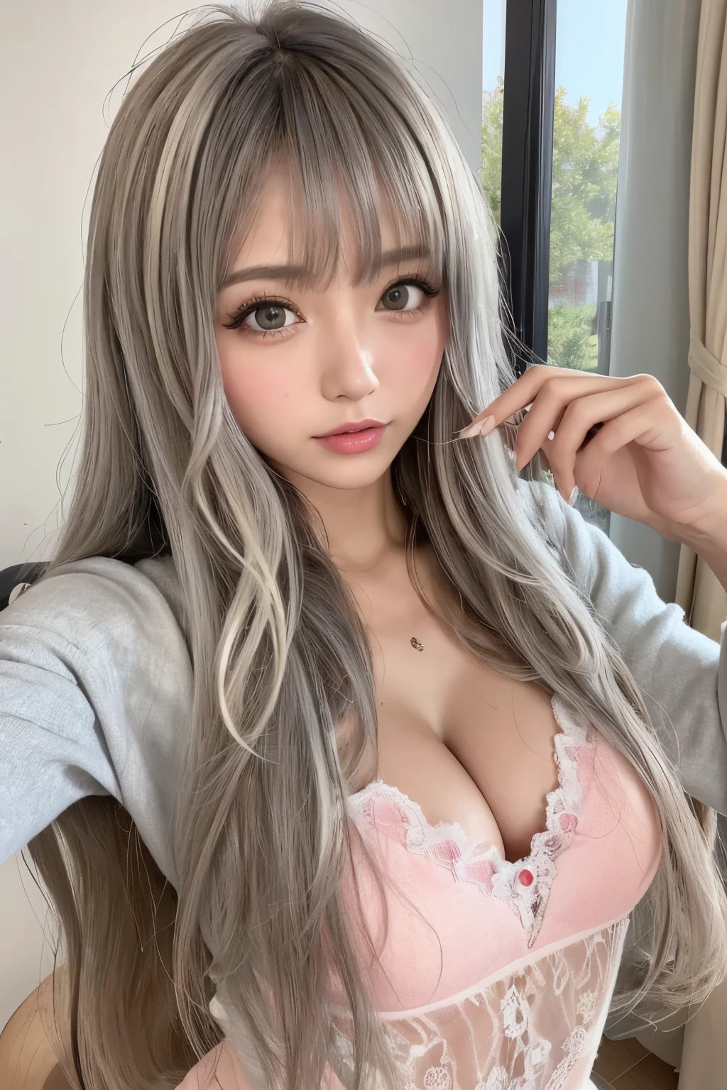 masterpiece, 8k, Award-winning photo, photoRealistic, Realistic, 非常に  Details,  ultra high resolution, Ray Trakun, ///1 person,  most beautiful, 20 years old , ( sexy,  Japanese idol in panties), (Gray Hair:1.2),///  Human Details Shiny Skin  ,   Detailsな肌 , Beautifully   Details face, RAW photo, ( best quality,   Details:1.3), best quality, (非常に  Detailsな), ハイパー  Details, (繊細で  Detailsな), (複雑な  Details), (Cinematic Light,  best quality Backlights), Clear lines, Pink floral lace, Tangaburra,  T-back ,  soft Light, Mysterious, Magic Looking ,  soft,   curly hair,  slender, Muscular,  Candid Impressions of Girls ,  well-shaped big breasts ,  beautiful skin ,  cleavage when lying down, whole body,   perfect body, ,, Particles of light,  cute face