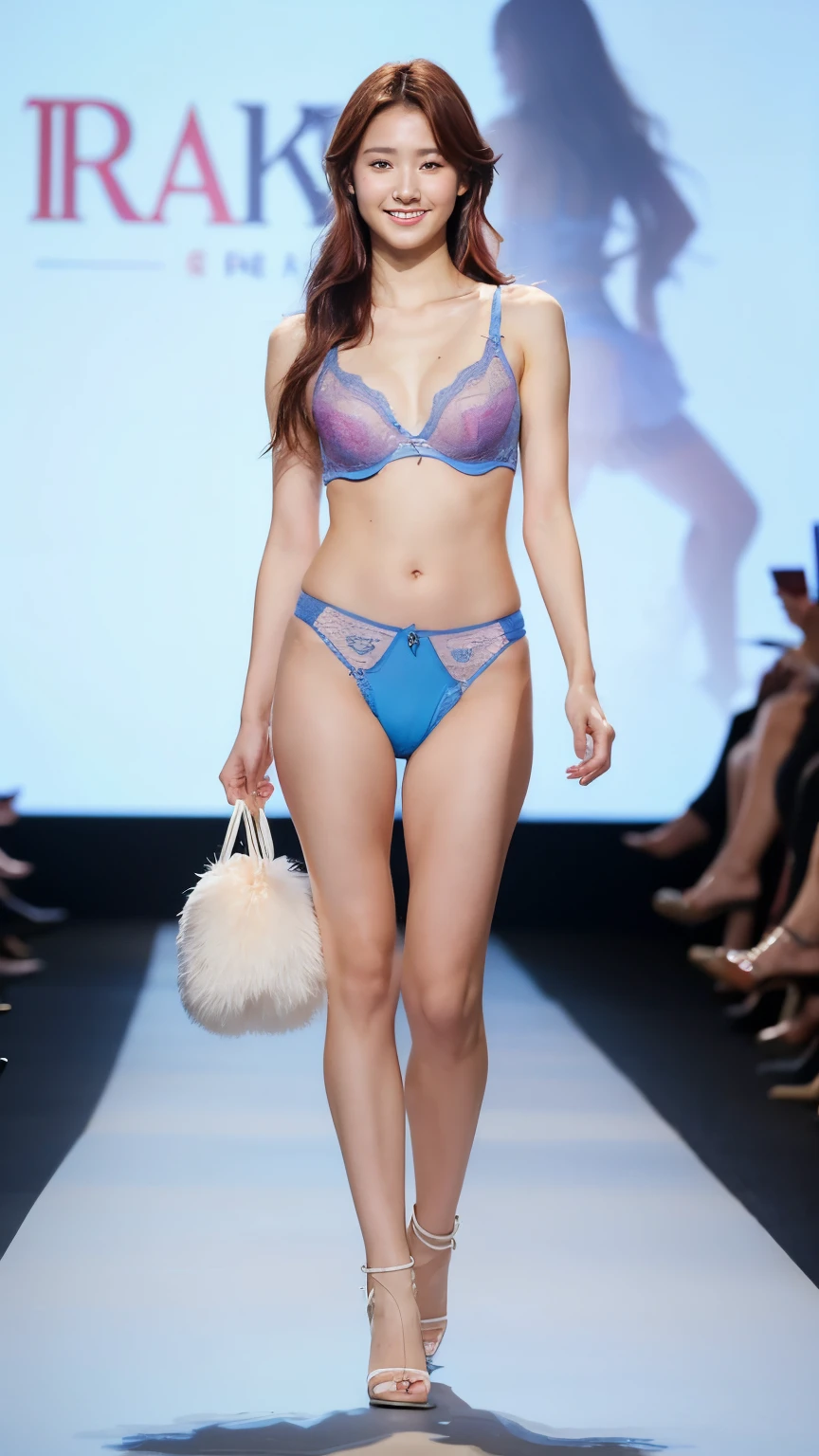 Best quality, 8k wallpaper, reality:1.4, shot in natural light, one woman, Japanese idol, 21 years old, (hairstyle and hair color random) A beautiful female model like a model at a fashion show in Paris is walking down the runway with a smile wearing lingerie ((color random)), (full body), delicate and realistic style. Detail face, beautiful skin,
