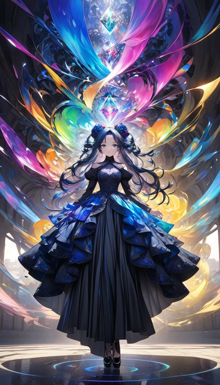  Conceptual Installation Art , Cool Beauty,  Living Expression ,  Shiny Silky Ragged Half Up Hair ,  charming eyes, hourglass figure,  Wear a Dark Blue Lace Embroidered Satin Half Dress , Rainbow-like 々Effects ,   Fusion of Background Holograms and Aurora Diamond Vision,  Jet Black Peony , Jet Black Lily ,  Fluorescent Dark Blue Meshibe ,  Fluorescent Paint Splashes ,  delicate and dynamic texture , contrasts of light and shadow, 2.5D,  artistic photo , hyper realistic,  Digital Graphic CG ,  Break Ultra Details ,  Absolute Resolution,  best quality