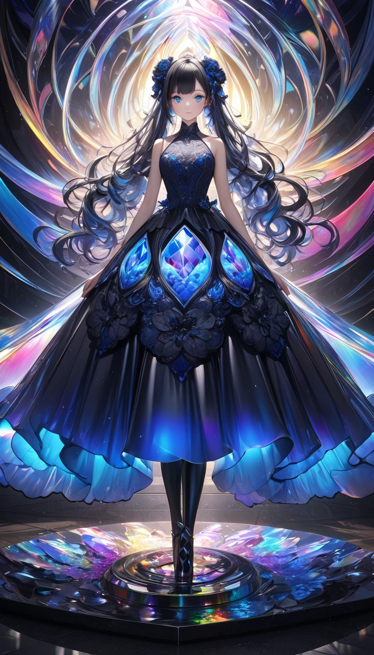  Conceptual Installation Art , Cool Beauty,  Living Expression ,  Shiny Silky Ragged Half Up Hair ,  charming eyes, hourglass figure,  Wear a Dark Blue Lace Embroidered Satin Half Dress , Rainbow-like 々Effects ,   Fusion of Background Holograms and Aurora Diamond Vision,  Jet Black Peony , Jet Black Lily ,  Fluorescent Dark Blue Meshibe ,  Fluorescent Paint Splashes ,  delicate and dynamic texture , contrasts of light and shadow, 2.5D,  artistic photo , hyper realistic,  Digital Graphic CG ,  Break Ultra Details ,  Absolute Resolution,  best quality