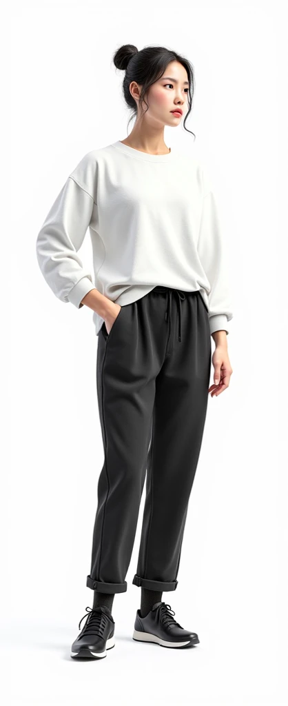 White shirt round neck, long sleeve, long sport pants, Girl, real people, black shoes