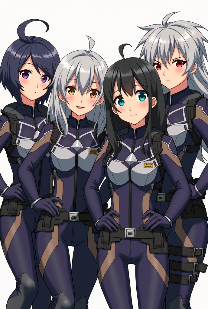 Create several female characters (4) - intensity of the uniform load , eyes of different colors, gray or white hair with different styles and fairly brown skin(Mulatas ) , with UA uniforms from Boku No Héro Academia