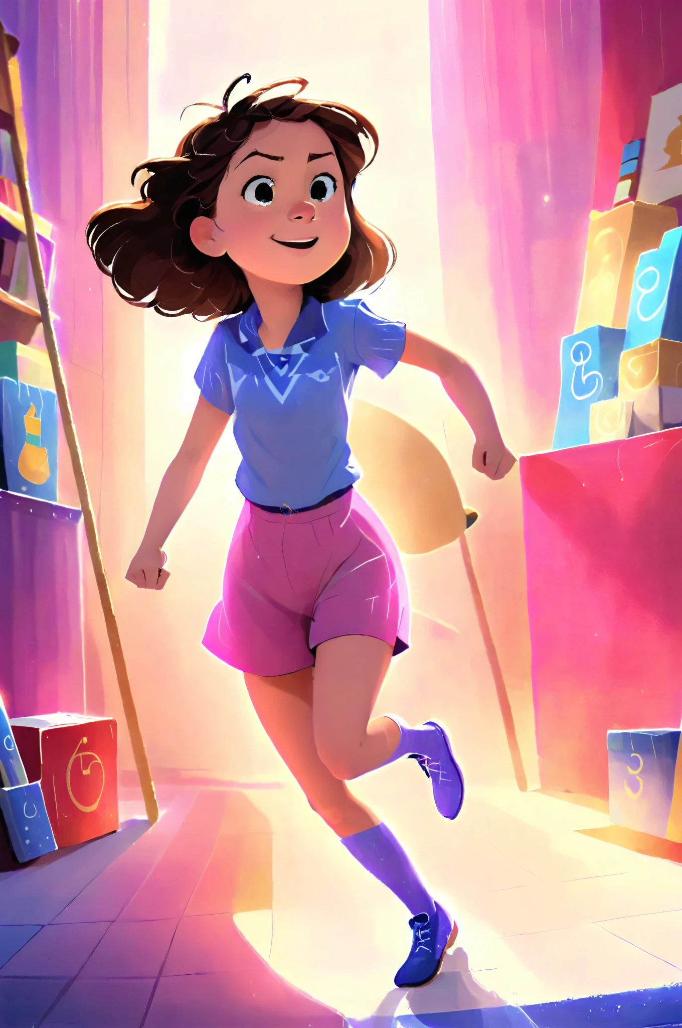 Clara, a small  girl with brown wavy hair, using purple glasses, she poses like a hero, heroic expression, jumping, purple shirt, pink shorts and blue boots. Detailed face, intricate details, colorful crayons, cozy indoor setting, beautiful lighting, soft pastel colors, warm tones, cinematic composition, award winning illustration, highly detailed, photorealistic, 8k, masterpiece, professional, award winning, cinematic lighting, soft focus, beautiful composition, consistent character. The illustration should be simple and clean. The style of the illustration resembles a classic ren's book, combining a Disney cartoon and watercolor illustration but with thick lines outlining the image.