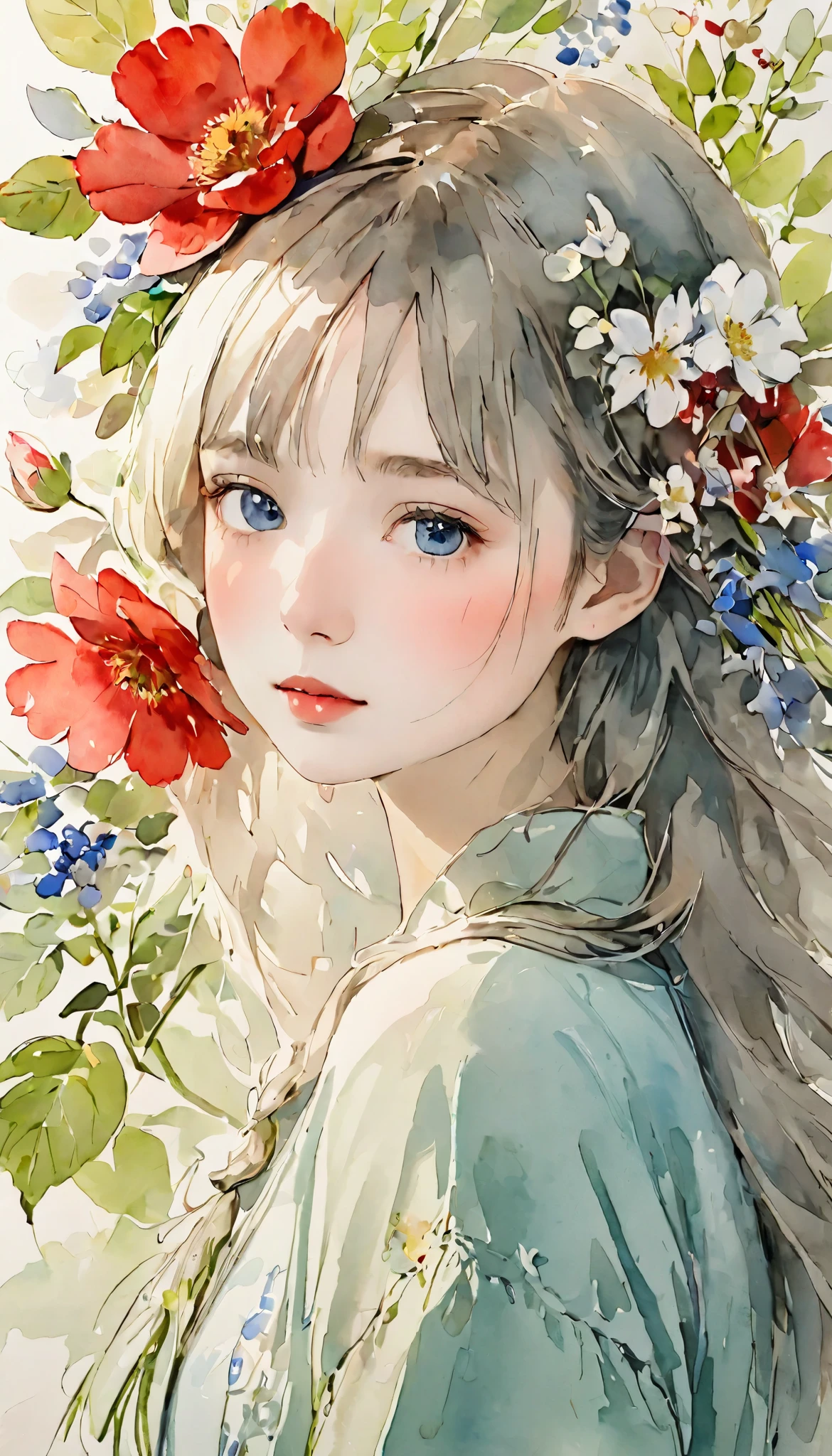 Painting of a girl with flowers in her hair - SeaArt AI
