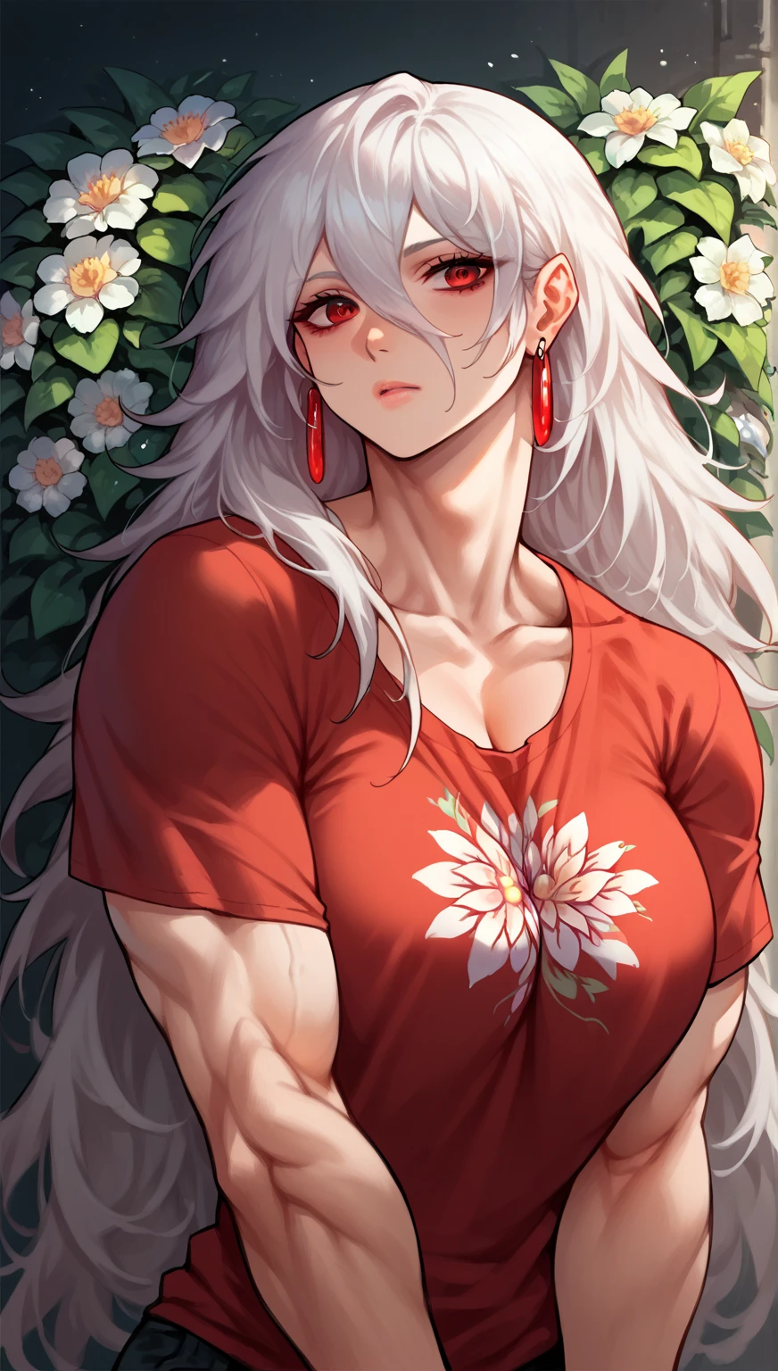 score_9, score_8_up, score_7_up, score_6_up, score_5_up, score_4_up, woman, solo, Floral print t-shirt with oversized, abstract flowers in vibrant colors, thoughtful, earrings, white hair, Dark Red eyes, very long hair, hair between eyes, side tilt, medium breasts, lightweight, morn, drastically, saas, very muscular