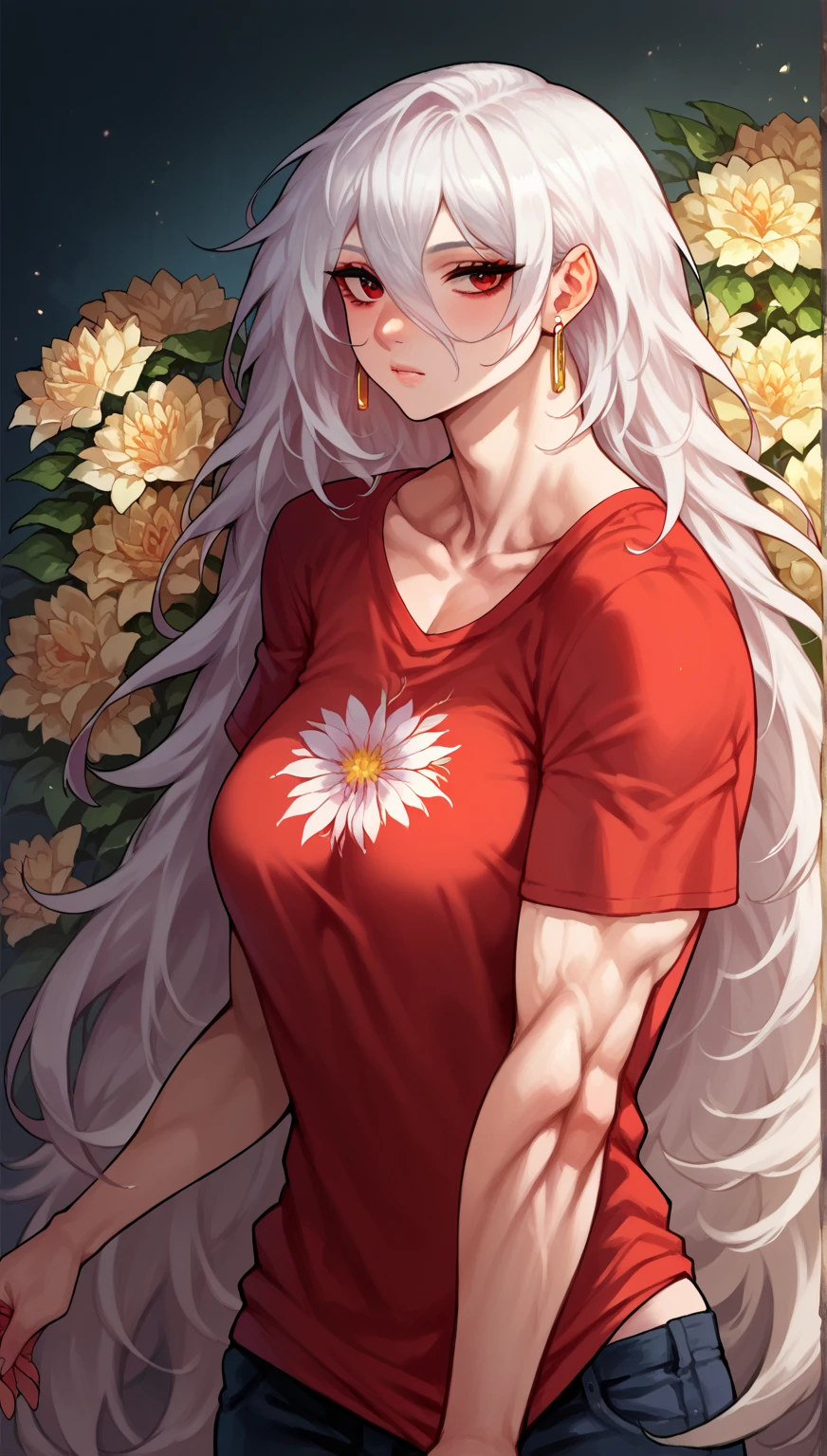 score_9, score_8_up, score_7_up, score_6_up, score_5_up, score_4_up, woman, solo, Floral print t-shirt with oversized, abstract flowers in vibrant colors, thoughtful, earrings, white hair, Dark Red eyes, very long hair, hair between eyes, side tilt, medium breasts, lightweight, morn, drastically, saas, very muscular