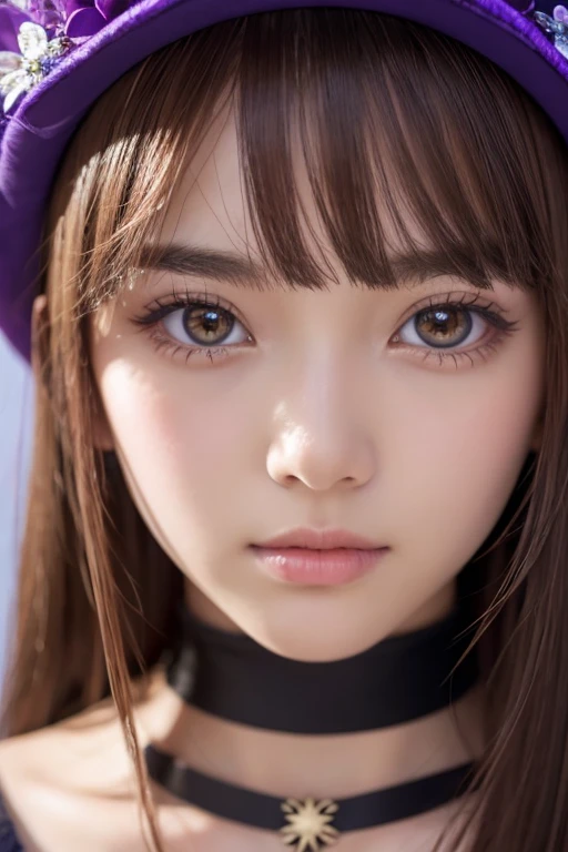 face, close-up, close-up shot, Sparkling hair, Sparkling clothes, Sparkling, extremely Details eyes, 極めて Detailsな, Realistic, Movie-like , Details, masterpiece, 4K, 8k, , Punks,, Fantasy AI_Burple,, indoor, Free ( Genshin Impact ), Genshin Impact , have , Symbolic Pupils , red eyes, brown hair, Star-shaped pupil, Petal eyes , bangs, black nail , black headwear