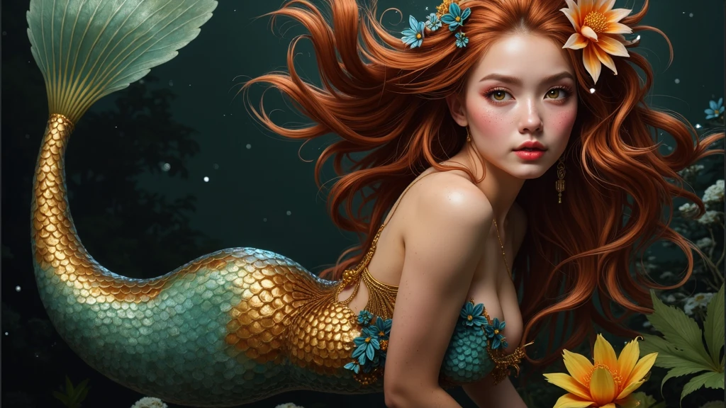 A mermaid queen beneath the waves, her kingdom an underwater marvel of coral and light, surrounded by sea creatures, the water's play of light creating a dreamlike quality that enhances the sensual yet majestic nature of the scene.