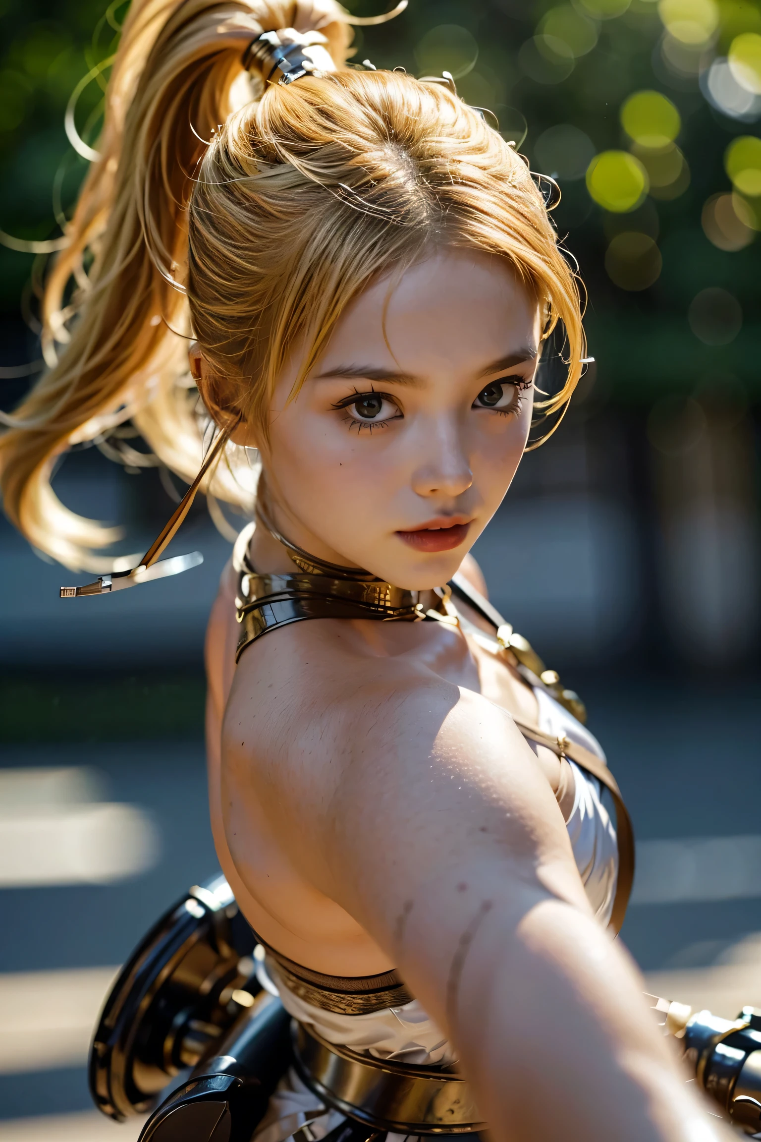 ((sfw: 1.4)), ((detailed face,  professional photography)), ((sfw, extra ponytail hair, Blonde-hair,  Necklaces , 1 Girl)), Ultra High Resolution, (Realistic: 1.4), RAW Photo, Best Quality, (Photorealistic Stick), Focus, Soft Light, (()), ((blonde silk  hair)), (( (young face))), (surface), (depth of field), masterpiece, (realistic), ((1 girl))、marle.holding  short bow、 (fighting stance:1.3),  action scene, dynamic pose,  serious look、 crossbow