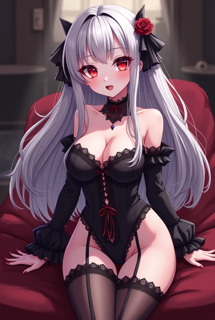 gothic ta, white hair, long hair, red eyes, huge breast, no expression, off shoulder, head dress, cowboy shot, sitting, bed room, from side,