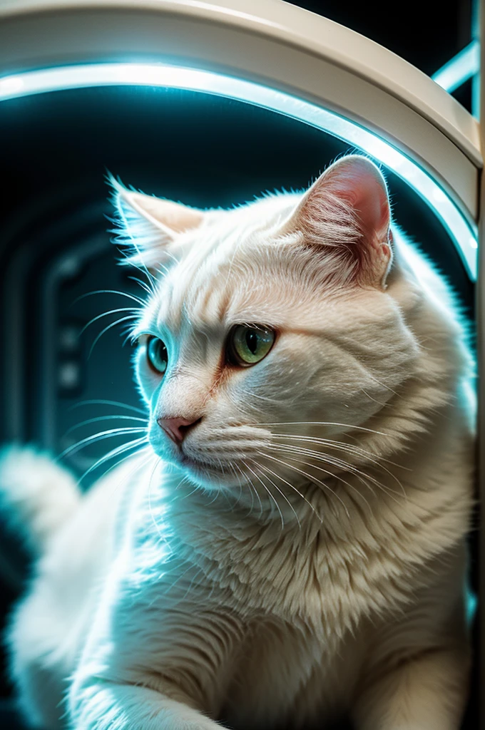 A close-up portrait of a white cat in a parallel universe, hyper detailed, cinematic, dramatic lighting, intricate sci-fi environment, neon lights, floating islands, alien architecture, glowing crystals, volumetric fog, futuristic, highly detailed, photorealistic, 8k, masterpiece, award winning, cinematic composition, dramatic angles, mood lighting, epic scale, sense of wonder, awe-inspiring