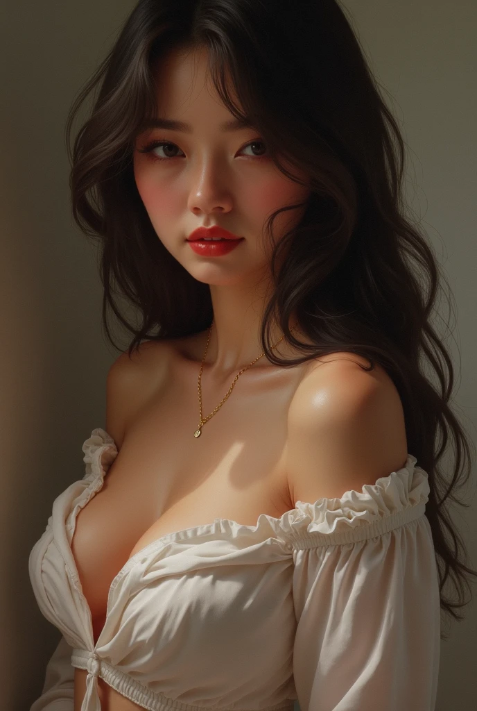 ultra-detailed, realistic woman, soft lighting, medium:oil painting, beautiful detailed eyes, small breasts, delicate features, elegant posture, confident expression, medium length hair, gentle curves, porcelain skin, subtle shadows, natural beauty, harmonious color palette, intimate atmosphere