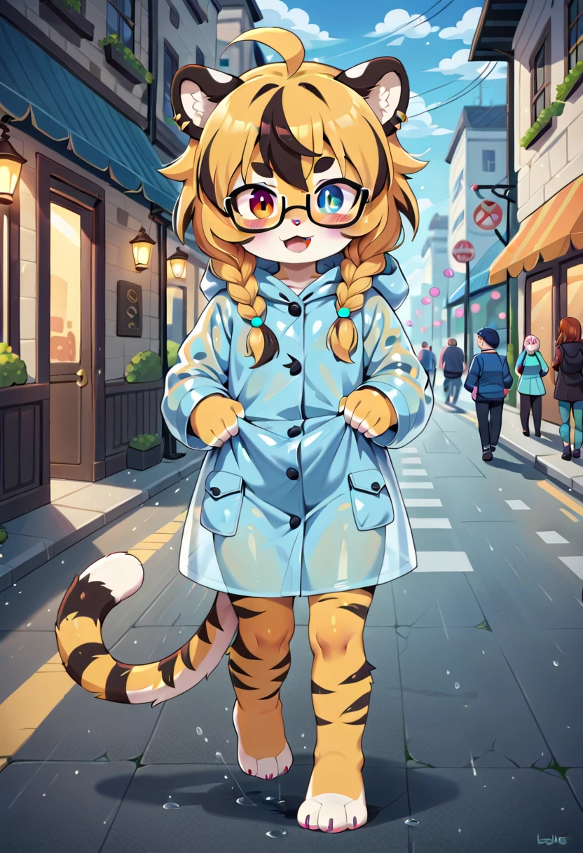 masterpiece, high resolution, best quality, (furry tiger girl, baby body, baby height, flat chest, animal face, animal skin, animal fur, tiger ears, tiger tail), heterochromia, multicolored hair, twin braids, piercing, makeup, tattoo, glasses, running through puddles, night park, puddles, heavy rain, raincoat, public