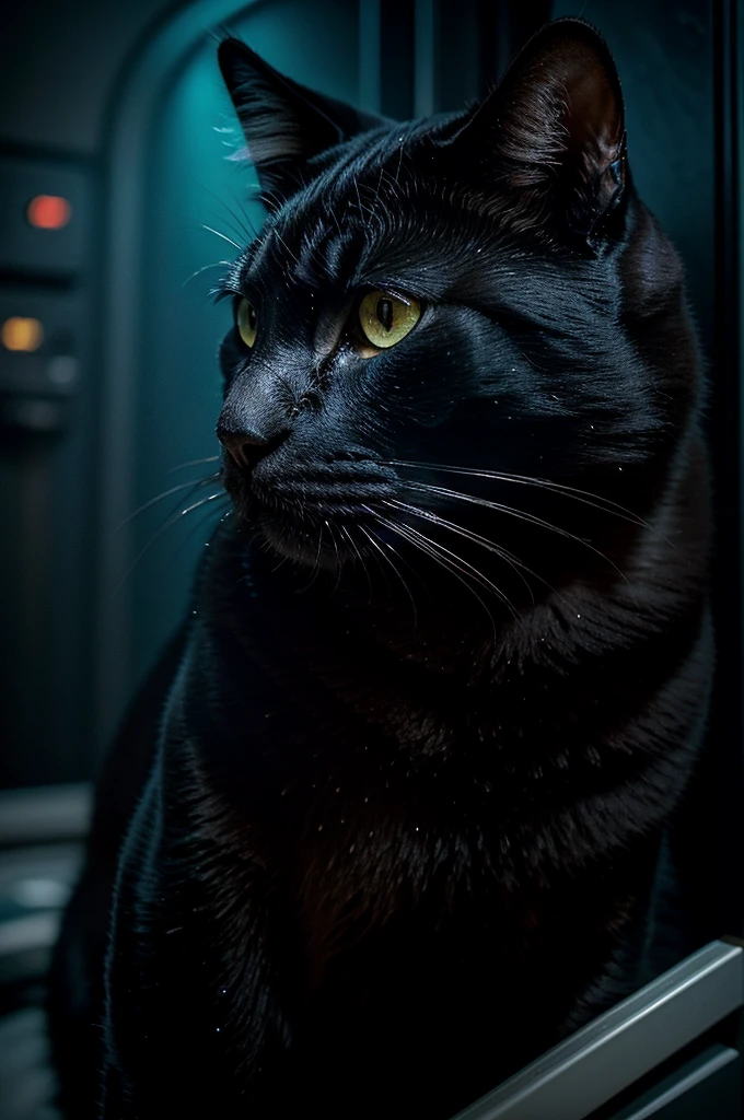 A close-up portrait of a black cat in a parallel universe, hyper detailed, cinematic, dramatic lighting, intricate sci-fi environment, neon lights, floating islands, alien architecture, glowing crystals, volumetric fog, futuristic, highly detailed, photorealistic, 8k, masterpiece, award winning, cinematic composition, dramatic angles, mood lighting, epic scale, sense of wonder, awe-inspiring