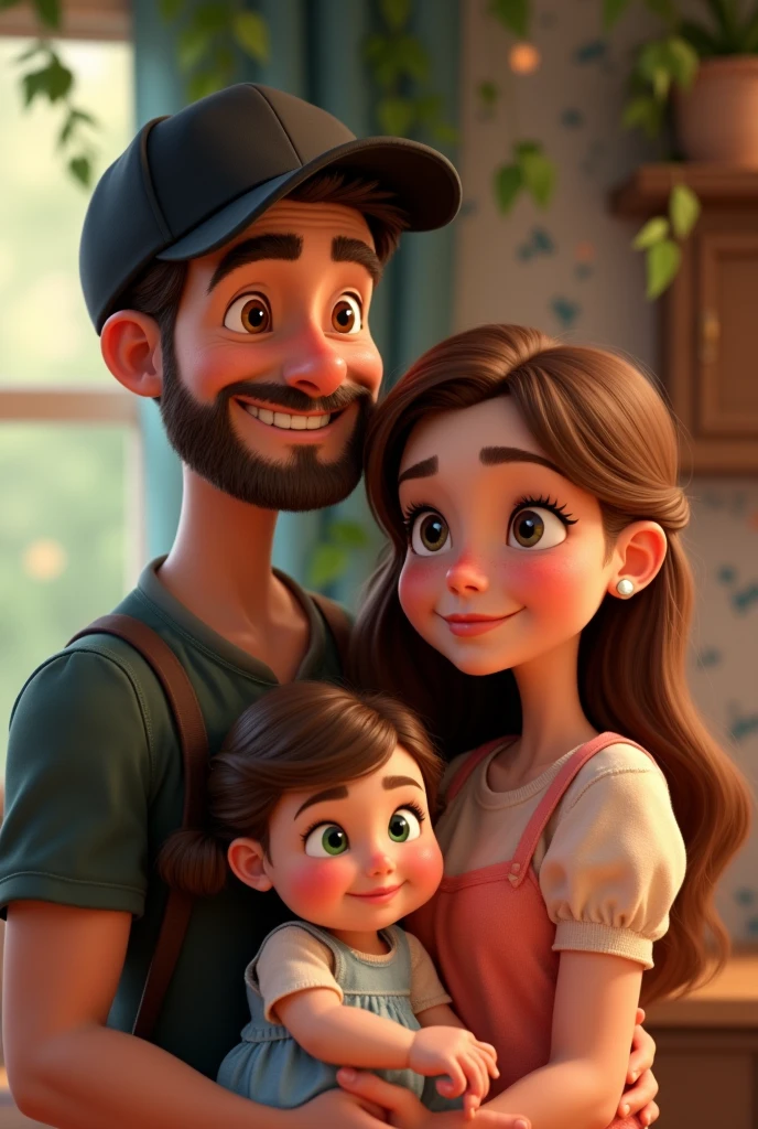 Render a 3D scene of an old, dusty attic. At the center, a 6-year-old boy named André, with light brown hair and big curious eyes, wearing a red T-shirt and jeans, holds an aged map with both hands, looking at it with fascination. Beside André are his parents, Pedro and Maria. Pedro, a 35-year-old man with dark brown hair and a well-trimmed beard, dressed in a blue shirt and brown pants, and Maria, a 33-year-old woman with long brown hair and light brown eyes, wearing a floral dress and a simple necklace. Both parents are smiling, proudly watching André. The environment is softly lit by light streaming through a small attic window, highlighting the dust particles in the air and the open ancient chest beside the trio."